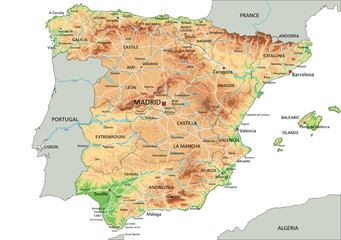 High detailed Spain physical map with labeling.