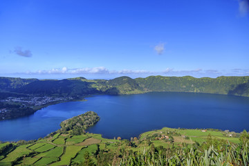 Fototapeta na wymiar Peninsula on Lagoa Azul, landscape of San Miguel island, Azores