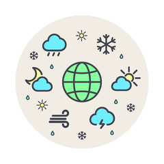 Weather and climate planet world line icon vector circle set. Gray background. A circle of icons.