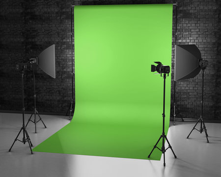 Greenscreen studio with lightbox and softbox. Film studio with g