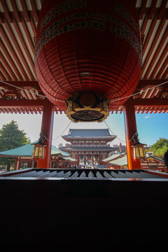 Red lantern in front of the shrine in Japan