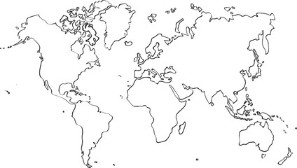 Freehand world map sketch on white background.