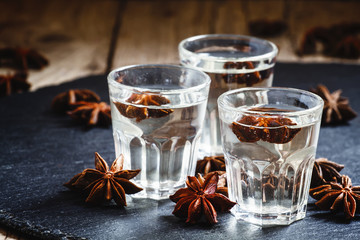Homemade anise liqueur in a glass on a dark background, selectiv - obrazy, fototapety, plakaty