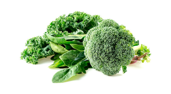 Macro of raw foods including broccoli, spinach and kale
