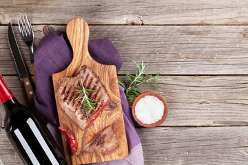 Grilled beef steak and wine