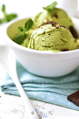 Homemade mint ice cream with chocolate chips.
