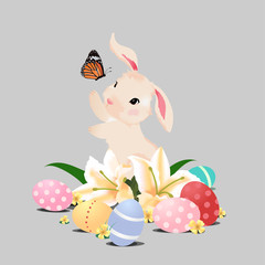 Bunny rabbit playing with butterfly and Easter eggs, isolated image