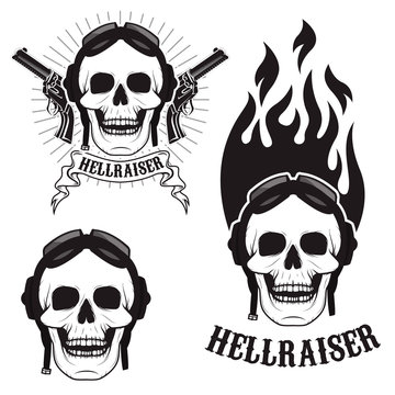 Skull in motorcycle helmet with fire. Hellraiser. Skull with two