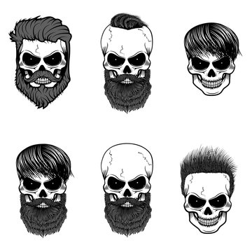 Set of bearded skulls. skulls with beard and hair