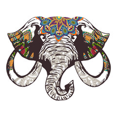 Decorative elephant front view with stylized ornament hand drawn
