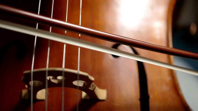 Close-up on the bridge and strings of a classical cello being bowed by a professional musician playing her instrument.