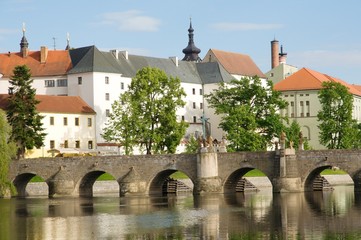 Medieval Town Pisek and historic stone bridge over  river Otava in the Southern Bohemia, Czech Republic