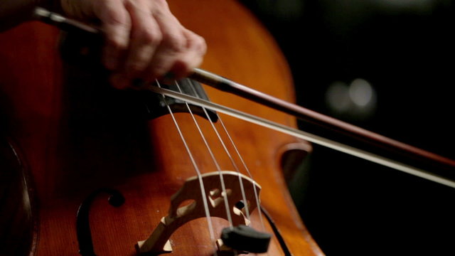Close detail video footage on the hands of a professional cellist playing her string instrument.