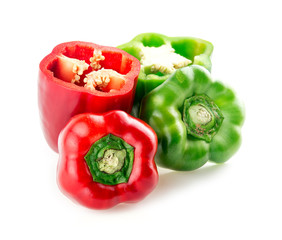 Bright red and green flavorful capsicums with tops removed