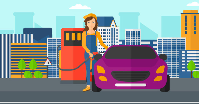 Woman filling up fuel into car.