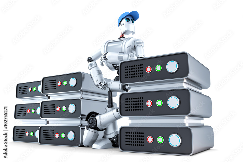Aufkleber robot with a stack of servers, hosting concept. isolated. contains clipping path