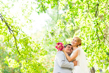 Stylish beautiful happy bride and groom, wedding celebrations
