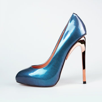 Female Blue Shoes With Gold Heels