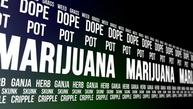 Animation of the word marijuana and other slang terms for the recreational and medicinal drug.