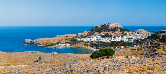 Panorama of Lindos and the Acropolis. Rhodes Island. Greece