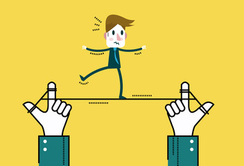 Businessman walking on line, control by big hand. business risk
