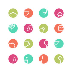 Cafe icon set - vector minimalist. Different symbols on the colored background.