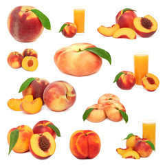 Set ripe peaches with green leaves (isolated)