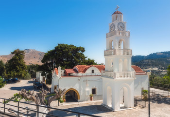 Church with a bell tower. Kato Monastery Tsambika. Rhodes Island