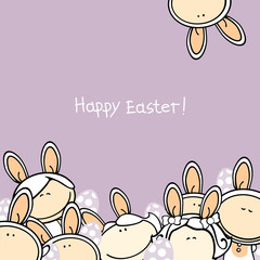Happy Easter card with a group of kids in bunny costumes and Easter eggs