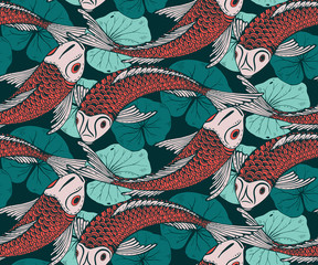 Obrazy na Plexi  Bezszwowe wektor wzór z ręcznie rysowane ryby Koi