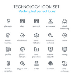 Technology theme line icon set.