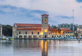 Quay. Church of the Annunciation. Rhodes Island. Greece