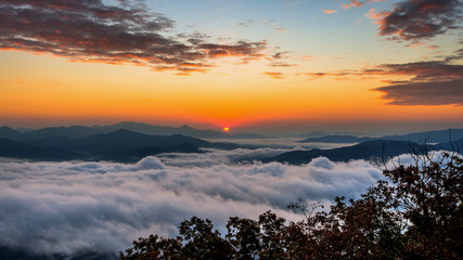 Seoraksan mountains is covered by morning fog and sunrise in Seo