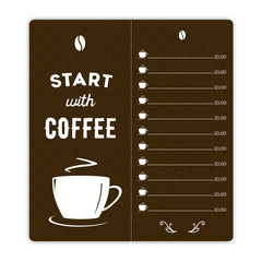 Coffee card with coffee cup on brown background and hand written quote Start with coffee