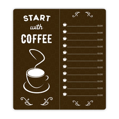 Coffee card with coffee cup on brown background and hand written quote Start with coffee