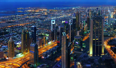 Dubai cityscape at night, view from Burj Khalifa's 124th floor