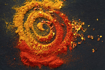 Different spices for food. top view