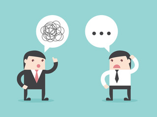 Executive bad communication. businessman don’t understand. talking confused. Flat design business financial marketing banking concept cartoon illustration.
