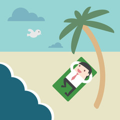 Obraz na płótnie Canvas Happy businessman on the beach. Passive income for financial freedom. Flat design for business financial marketing banking concept cartoon illustration.