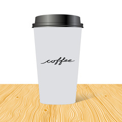 Plastic cup of coffee with hand drawn inscription: Coffee.