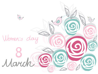 Beautiful delicate background with decorative flowers roses and birds on a white background with the words women's day and March 8