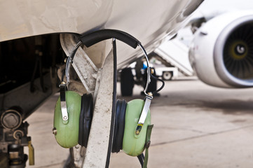 Ear protecting headphones on a plane