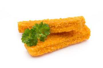 Frozen bread crumbed fish fingers on white.