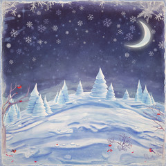 Winter night landscape. Merry Christmas and Happy new year background 