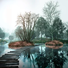 Photo sur Plexiglas Best-sellers Paysage Paysage vintage d& 39 automne avec de vieux bois et lac