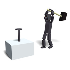 Robot hammer nails. Vector illustration.