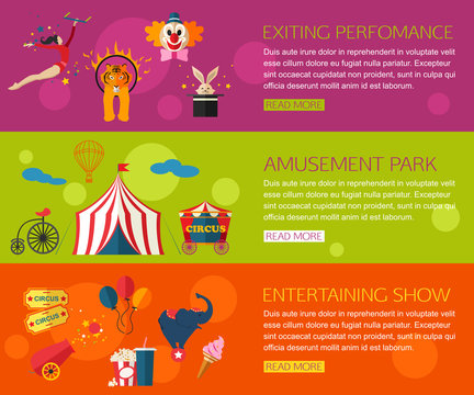 Circus performance, entertainment, amusement show compositions with circus icons. Flat style design.