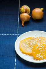 Marinated zucchini. Yellow and juicy zucchini. White cheese