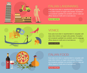Set of Italy travel horisontal banners with place for text. Venice, Italian Pizza, Italian Symbols, Italian Landmarks. Set of colorful flat icons for your design. 