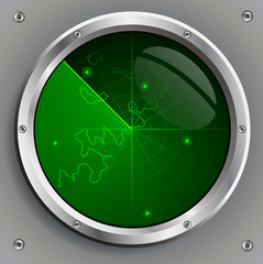 radar screen with the image of green aircraft and land contours